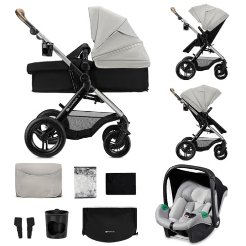 Kinderkraft MOOV XL 3 w 1, wózek dziecięcy do 27 kg, z siedziskiem I-SIZE 40-75 cm, składany, amortyzator, kabriolet, gondola XL z akcesoriami, jasnoszary
