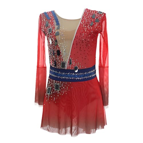 Girl's Handmade Figure Skating Dress with Sequins, Women's Long Sleeves Competition Ice Skating Dress(Medium) Red