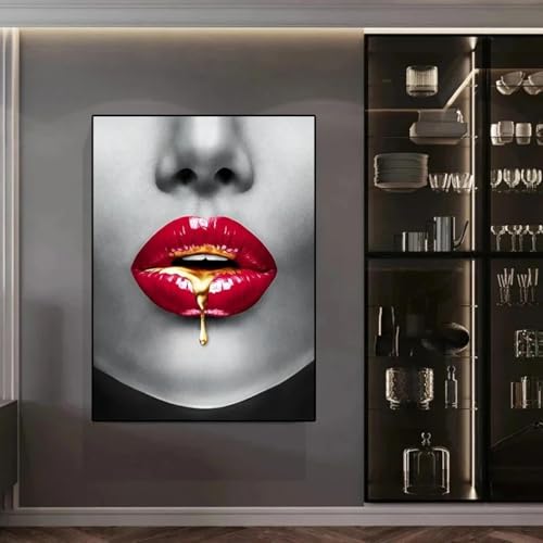Peinture murale abstraite lèvres rouges en toile dorée pour déco 40x60cm
