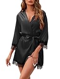 ESKTJH Women's Lace-Trim Silk Robes Bridesmaid Kimono Satin Bathrobe V Neck Sleepwear with 3/4 Sleeve