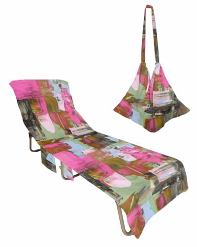 Modern Oil Paining Beach Lounge Chair Towel Cover, Soft Chaise Lounge Towel with Side Pockets Patio Pool Chairs Cover for Beach/Pool Sunbathing 29x85 Abstract Art Middle Century