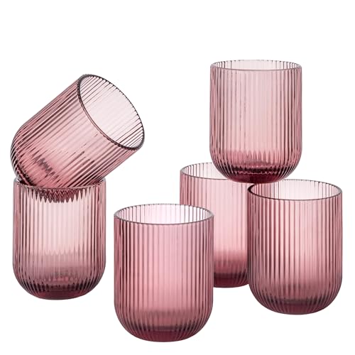 Baroni Home Set de 6 Vasos de Vidrio Coloreados y Decorados con Rayas en Relieve de 30 CL, Vasos Elegantes Lavables en Lavavajillas, 8x8x10 cm, Rosa