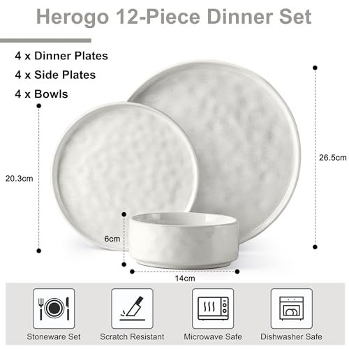 Herogo 12 Piece Dinner Set, Stoneware Dinnerware Sets for 4 People, Reactive Glaze Dining Plates and Bowls, Microwave and Dishwasher Safe, Chip and Scratch Resistant, Elegant Speckled Pearl White - Image 3