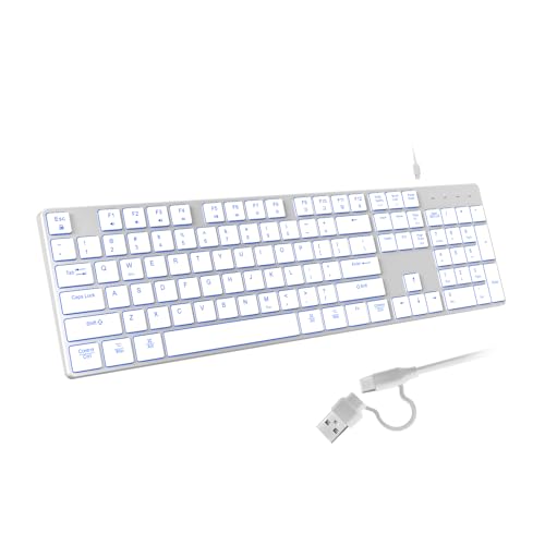POWZAN 有線バックライトキーボード Windows/Mac用 アルミニウム製 スリム & かなりフルサイズキーボード USB A/USB Cデュアルインターフェイスでライトアップ iMac、MacBook、iPad、ノートパソコン、PCに対応 - シ