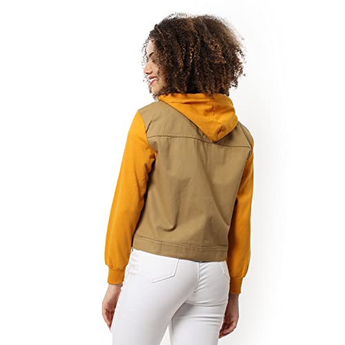Image of Campus Sutra Women Beige & Yellow Regular Fit Denim Jacket For Winter Wear | Collared Neck | Full Sleeve | Buttoned | Casual Jacket For Woman & Girl | Western Stylish Jacket For Women