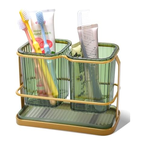 KONE Green Toothbrush Holders for Bathrooms, 2 Cups Toothbrush Holders Wall Mounted, Dry & Wet Separation, Bathroom Organizers and Storage, Bathroom Toothbrush Holder Set for Family Kids Cover