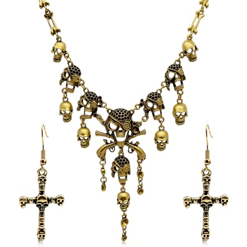 FAYAHAR Ensemble Colliers et Boucles d'oreilles Tête de Mort, Collier Pirate Tête de Mort, Réglable Collier Crâne Vintage, pour Halloween Carnaval Cosplay Costume