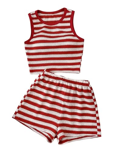 BEAUDRM Girls 2 Piece Outfits Striped Sleeveless Knitted Tank Top with Shorts Casual Summer Clothes Red and White 12Y