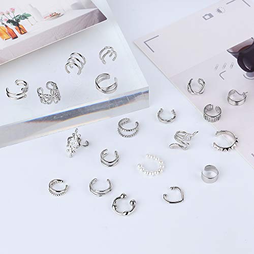 Fibo Steel 20Pcs Ear Cuffs Earrings Set For Women Non-Piercing Dainty Cartilage Ear Clip On Wrap Earring Set Adjustable Silver Plated #TOP4