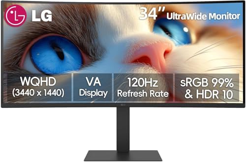 Image of LG 34 Inch UltraWide Curved Monitor, WQHD(3440 x 1440), VA Display, 120Hz, 5ms, HDR10, 99% s RGB, Reader Mode, DisplayPort & HDMI, Built-in Speaker, Tilt /Height /Swivel Adjustment, Black