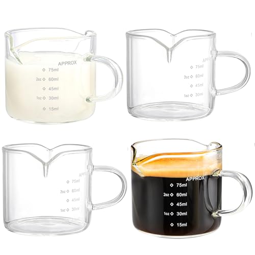 Yarlung 4 Pack Glass Measuring Cups with Double Spouts, Shot Glasses Triple Pitcher for Milk, Espresso, Coffee, Graduated 75ml / 2.5 Oz