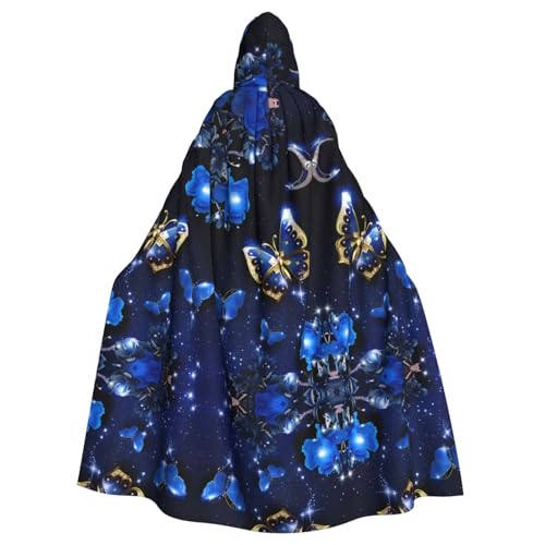 Capa con capucha azul de mariposas para disfraces y cosplay de adultos