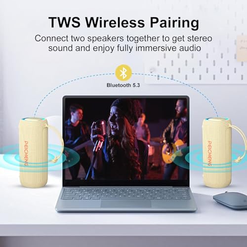 Image of PEICHENG Bluetooth Speaker, Portable Wireless Clear Loud Stereo Sound IPX5 Waterproof with RGB Lights BT5.3 Long Playtime TWS Pairing,for Home Party Outdoor Beach,Great Gift Choice (Beige)