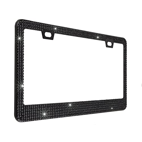 Fashion Handmade Us Universal Slim Black Crystal License Plate Frames,Waterproof Bling License Plate Holder,Weather Proof Bling License Plate Cover For Women(1 Frame,Black) #TOP1