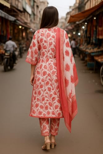 Image of Yashika Women's Cotton Blend Printed Kurta with Pant & Dupatta| Kurta with Pants and Dupatta Set
