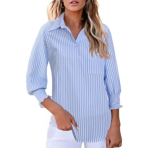 Kistore Women Blouses 3/4 Sleeve Button Down Shirts Smocked Cuffed Business Dressy Casual Tops with Pocket S-XXL Small A Blue Stripe