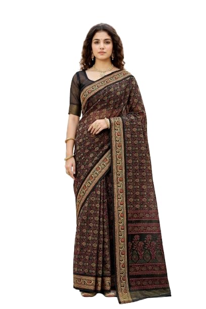 Brown Cotton Print Premium Woven Work Traditional Saree-image-19