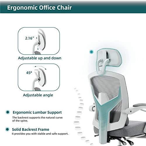 Image of DUMOS Office Desk Computer Chair with Footrest, Ergonomic Mesh Swivel Gaming Chair with Rolling Wheels, Comfortable Headrest, Lumbar Support, Comfy for Home, Office, Task, Student, Elegant Grey