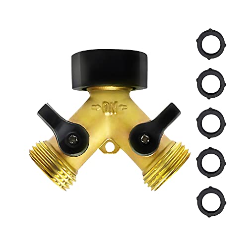 OHROS Garden Hose Splitter Heavy-Duty 2 Way Solid Brass Y Valve Female Connector 3/4 Outdoor Faucet Heavy Duty Brass Metal Water Hose Y Connector Tap Splitter for Gardening Hoses Bib Rubber Washers