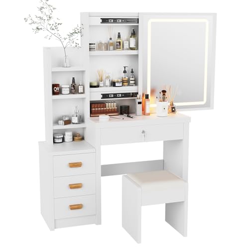 Schminktisch mit Spiegel und Hocker, Schminktisch mit LED-Lichtern und einstellbarer Helligkeit, Schminktisch mit Spiegel, Make-up-Schreibtisch für Schlafzimmer, für Erwachsene, Frauen, Mädchen