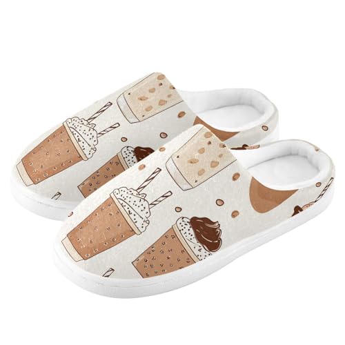 JUNZAN Handdrawn Cute Coffee Beans Brown Womens House Cotton Slippers Comfy Memory Foam Bedroom Slippers for Hospital Funny Presents 6-74