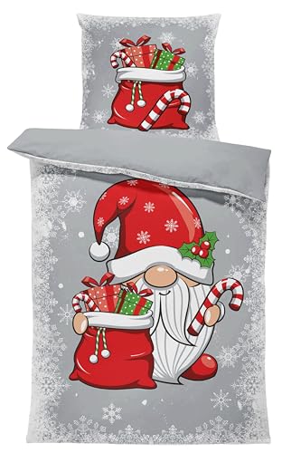 one-home Winter Biber Bettwäsche Baumwolle Kuschelig Flauschig Warme Weiche Flanell Bettbezüge Modern, Größe:2 teilig 135x200 cm, Farbe:Wichtel Weihnachten grau