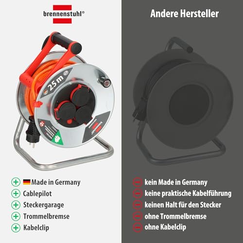 Brennenstuhl Garant S V2 IP44 Kabeltrommel 25m outdoor (Made in Germany, Kabel in Signalfarbe orange, Stahlblech, kurzfristiger Einsatz im Außenbereich)