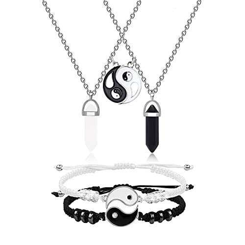 MJartoria BFF Necklace and Bracelets for 2-Crystal Friendship Necklace Bracelet Best Friend Necklace Matching Necklace Bracelets Gifts (Black+White Yin Yang)
