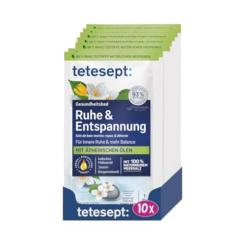 tetesept Meersalz Ruhe & Entspannung Gesundheitsbad für ein Gefühl innerer Ruhe mit ätherischen Ölen Wohltuender Badezusatz mit natürlichem Meeressalz 10 x 80 g