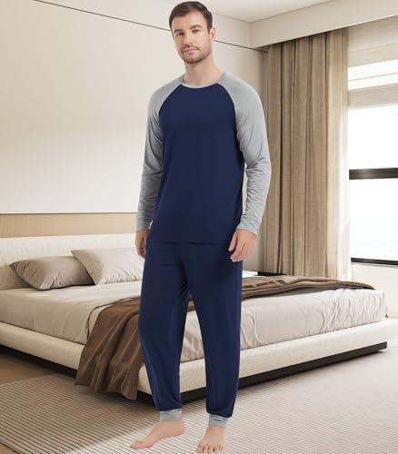 Image of NACHILA Mens Pajamas Set Long Sleeve Henley Sleepwear Top Soft Jogger Pants Pajamas Cool Pjs Set,Viscose Made from Bamboo