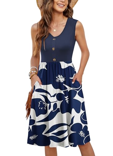 MOLERANI Summer Dresses for Women UK Ladies Casual V Neck Beach Dress Swing Button Midi Sundress Dress with Pockets White Navy Flower XL
