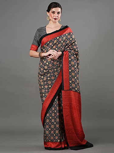 Image of AKHILAM Women's Ajrak Block Print Soft Dola Silk Saree With Unstitched Blouse Piece
