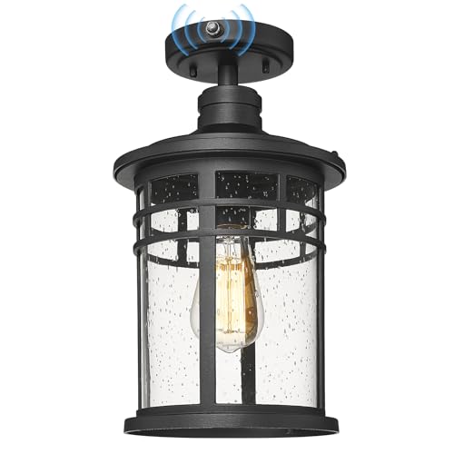 Darkaway Semi Ceiling Light Fixtures, Dusk to Dawn Black Flush Mount Large 14.37inch Ceiling Lighting with Waterproof Seeded Glass Shade for Outdoor Hallway Porch Entryway