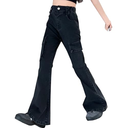SANGTREE Girls' Cargo Boot Cut Jeans High Waist Y2K Denim Pants with Pockets, 3-12 Years2