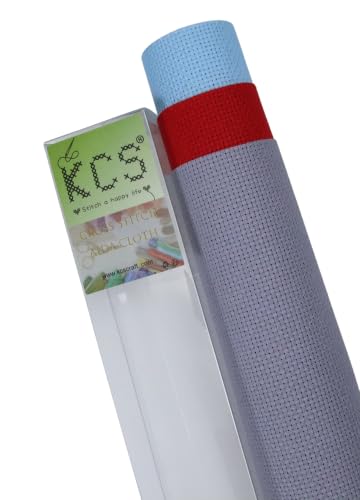 Image of KCS 3 pc of 15 inch x 18 inch(38cmx45cm) 16 Count Cross Stitch Cotton Aida Cloth Needlework Rolled Fabric Box,16CT,Light Blue+Red+Light Steel Grey