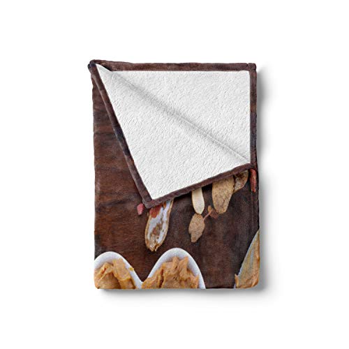 Ambesonne Peanut Butter Throw Blanket, Crunchy Peanut Butter In White Heart Shape Dish On Vintage Table, Flannel Fleece Accent Piece Soft Couch Cover For Adults, 50" X 70", Brown Pale Brown Grey #TOP1