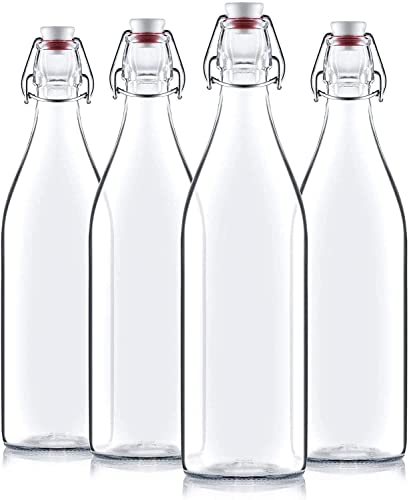 Image of Flip Top Glass Water Bottle Pack of 3, 1 Liter Clear, Airtight & Leak Proof Swing Cap Bottle with Stopper for Beverages Oil Soda Beer Juice Kombucha Milk, 1000ml Fridge Water Bottles