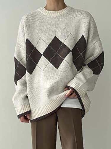 Sweaters For Women - Men Argyle Pattern Drop Shoulder Sweater (Color : Beige, Size : X-Large) #TOP2