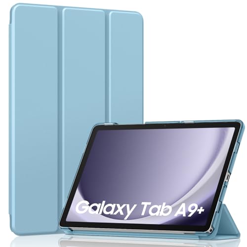 Image of MoKo Trifold Case for Galaxy Tab A9 Plus /A9+ 11 Inch 2023, Misty Blue | Slim Stand Hard PC Translucent Back Shell Smart Cover, Auto Sleep /Wake, Light, Anti-scratch, 2 Adjustable Angle