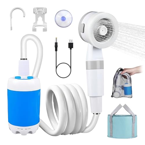 Wsndyjia Portable Shower Camping, Camping Showers, Rechargeable 3 Spray Modes Waterproof for Camping Travel Car Washing Pet Hiking Cleaning Equipped With a Bath Bucket