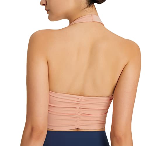 Lemedy Halter Backless Crop Tank Top Wirefree Built In Shelf Sports Bra (Light Pink, Xl) #TOP29