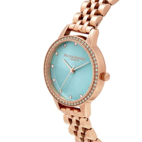Image of Olivia Burton Classics Qtz Basic Mint Sparkle Sunray & Stone Round Dial Women's Analog Watch|Ionic Plated Rose Gold Steel Material|Gold Color Band - OB16MD104