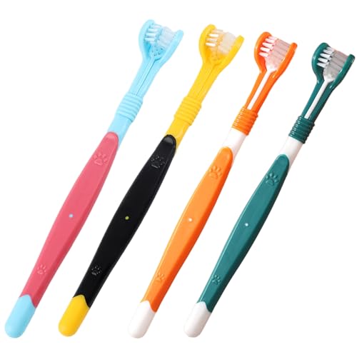 Cepillo de dientes de triple cabeza con limpiador de lengua, paquete de 4, cerdas suaves de 3 lados para mascotas pequeñas, kit dental para perros y gatos, limpieza multiángulo