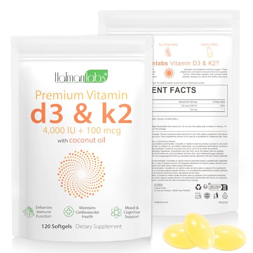 Vitamin D3 & K2(MK-7) Ergänzungskapsel, 4000 IE VIT D3 + 100 MCG mit Kokosöl, 120 leicht zu schluckende Vitamin D3 K2 Tabletten, glutenfrei, hochdosiertes vegetarisches D3 und K2 Vitaminpräparat