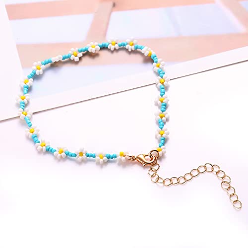 Image of Beaded Anklets for Women Boho Cute Daisy Flower Bead Ankle Bracelets Handmade Waterproof Surfer Anklet Summer Beach Foot Jewelry for Women
