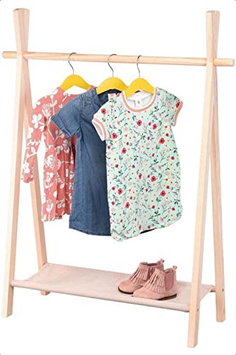 idooka Kids Pine Wood Clothes Rails for Girls, Boys & Baby Nursery - Mini Coat Stand w/Canvas Shoe Rack - Childrens Wardrobes for Bedroom Storage