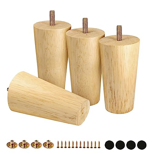 FoDau770 Rubber Wood Furniture Legs 4 Inches, Straight Tapered Wood Feet Mid Century Sofa Legs Set of 4, 5/16" UNC Furniture Feet Replacement Parts for Cabinet Couch Dresser Chair Ottoman Table