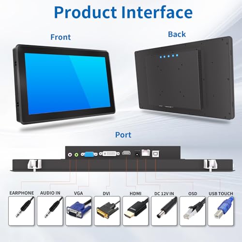 Image of 15.6 Inch Industrial Touch Screen Monitor, 10 Points Touch, Ratio 16:9 Capacitive PCAP Display, 1920 x 1080R, Active Matrix TFT LCD, LED Backlight, VGA, DVI, HD-MI Ports