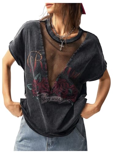 SOLY HUX Women's Vintage Graphic Tees Mesh Short Sleeve Goth