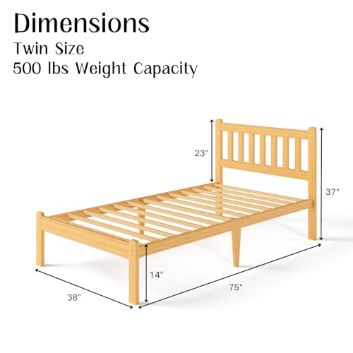 Image of ZIYOO Twin 14 in High Bamboo Bed Frame with Headboard, No Box Spring Needed, Metal Slat Support, Easy Assembly